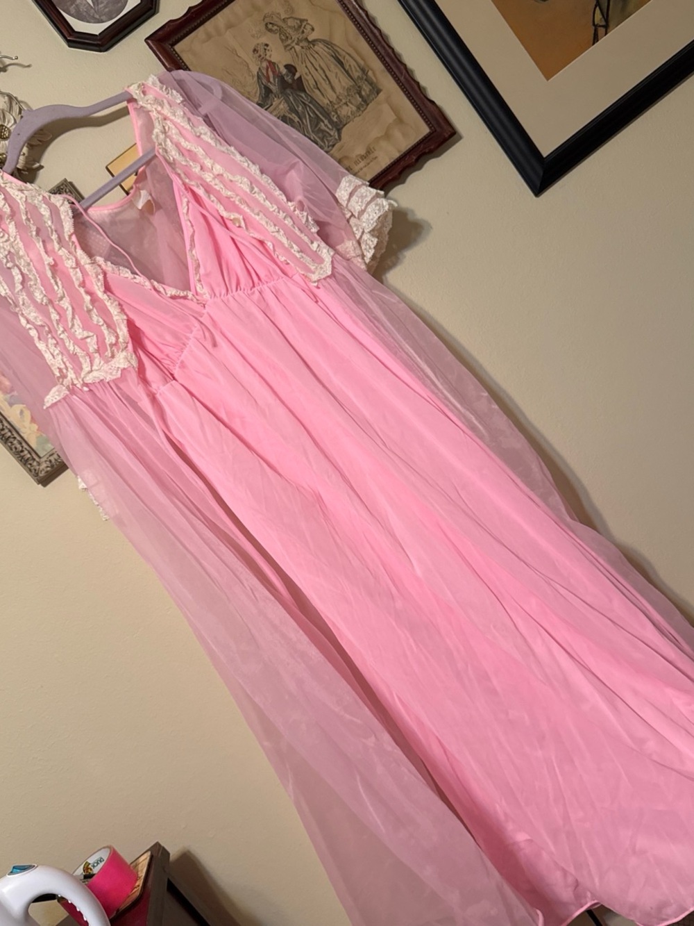 Vintage Bubblegum Pink Nightgown with Lace Trim and Matching Sheer Robe